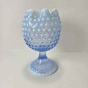 VINTAGE Duncan Miller Blue Opalescent Ruffled Hobnail Footed Vase Beautiful